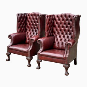Set of Antique Deep-Buttoned Oxblood Leather Wing Armchairs, 1920