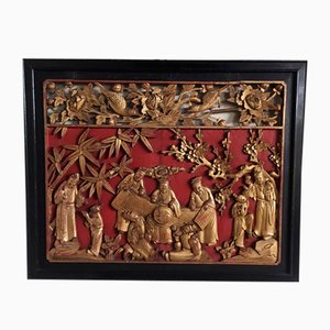 Chinese Bas-Relief/Overdoor in Sculpted and Carved Wood