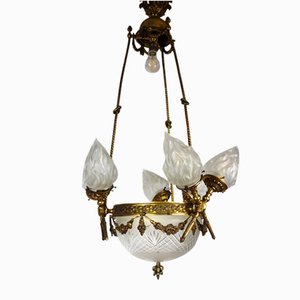 French Art Nouveau Brass and Glass Torch Chandelier