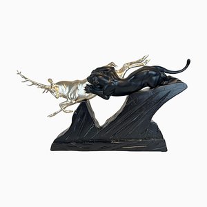 Art Deco Skulptur eines Hirsches und Panthers in Weißgold von Rochard, Frankreich, 1930er