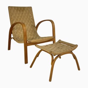 Fauteuil Mid-Century en Bois et Cordes avec Ottomane, Set de 4