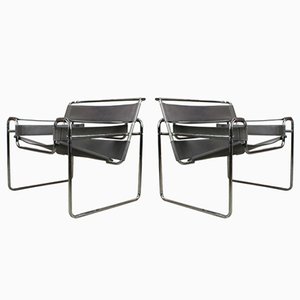 Chaises Wassily en Cuir Gris par Marcel Breuer, 1970s, Set de 2