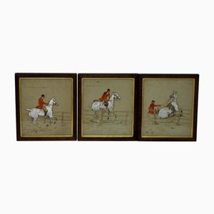 Charles Johnson Payne Snaffles, Secuencia de caza inglesa con jinete de abrigo rojo sobre caballo gris, acuarelas, Juego de 3