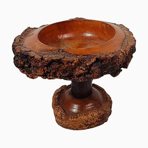 Vintage Rustic Handcrafted Wooden Pedestal Bowl in the style of Mountain Folk Art, 1950s