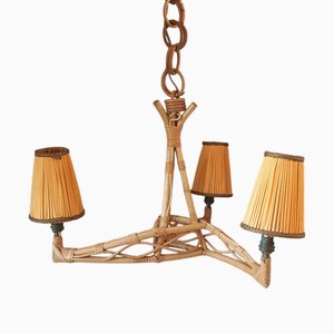 French Rattan Hanging Light with Three Shades, 1950s
