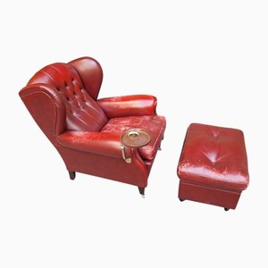 Set of Burgundy Leather Model 1919 Armchair with Pouf and Ashtray by Renzo Frau for Poltrona Frau, 1980s
