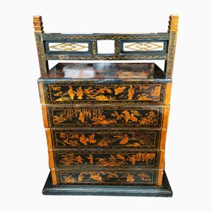 Cajoneras chinas antiguas lacadas en negro de cinco secciones, década de 1800. Juego de 6