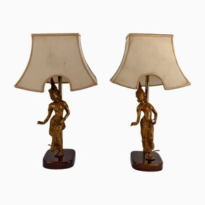 Sculptural Table Lamps in Gilded Bronze Representing Dancers, Thailand, 20th Century, Set of 2