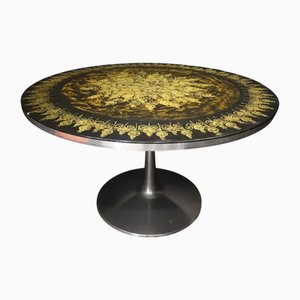 Mid-Century Pedestal Dining Table with Hand Painted Gilded & Bronzed Top by Poul Cadovius & Bjorn Wiinblad for Cado, 1960s