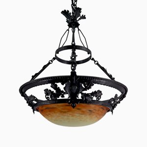 Pendant Light in Wrought Iron and Blown Glass Paste attributed to Muller Frères Lunéville, France, 1900s
