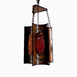 Suspension Light in Patinated Copper and Multicolored Fractal Resin Medallions attributed to Accolay, 1970