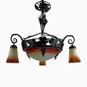 Lustre Art Déco en Fer Forgé et Verre Soufflé de Muller Frères Lunéville, France, 1920s