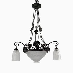 Wrought Iron Chandelier with Tulips and Pressed-Molded Glass Bowl from Verrerie Dart Degué, France, 1930s
