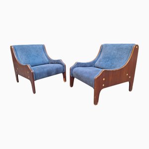 Milord Armlehnstühle aus Mahagoni & Blauem Alcantra von Marco Zanuso für Arflex, 1950er, 2er Set