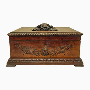 Carved Oak Wood Box with Flower Decoration, France, 1930s