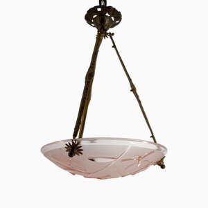 Hängelampe aus Bronze mit Schale aus Pressglas von Degué, Frankreich, 1930er