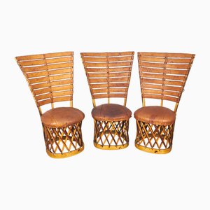 Chaises Vintage en Bois et Cuir, 1960s, Set de 3
