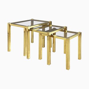 Moderne italienische Satztische aus Messing & Rauchglas, 1970er, 3er Set