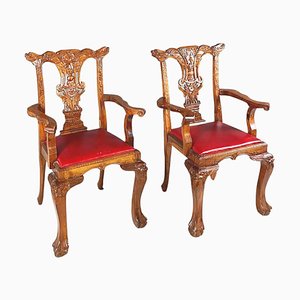 Set of Chippendale Style Wooden Chairs with Red Leather, 1900s