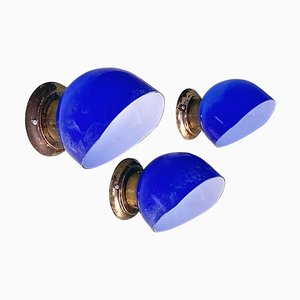 Italian Blue and White Glass & Sheet Metal Wall Light, 1930s, Set of 3