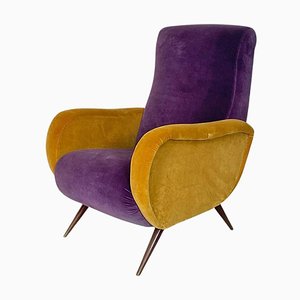 Mid-Century Italian Purple and Yellow Armchair with Wood Conical Legs, 1960s