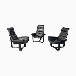 Poltrone moderne in legno e pelle attribuite a Ingmar Relling per Westnofa, Norvegia, anni '70, set di 3