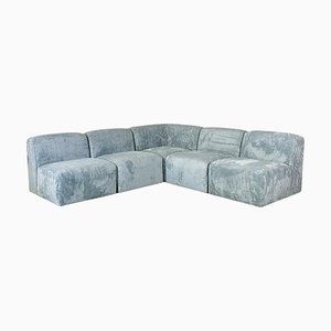 Sofá italiano moderno de cinco módulos de terciopelo azul y gris, años 70