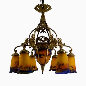 Art Deco Kronleuchter aus vergoldeter Bronze & mundgeblasenem Glas von Muller Frères Lunéville, Frankreich, 1920er