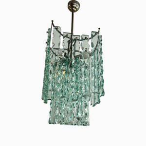 Chiselled Nile Green Murano Glass 5-Light Chandelier in the style of Fontana Arte for Zero Quattro, 1960s