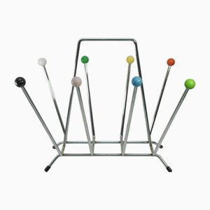 Mid-Century Space Age Sputnik Atomic Magazine Holder in Chrome and Wood, 1970s