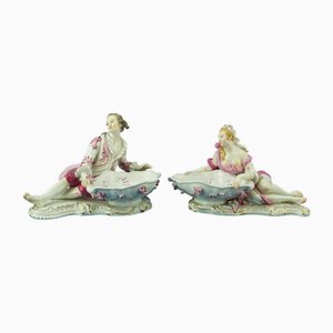 Large 19th Century Rococo Salt Shakers with Figures in Polychrome, Vitrified Porcelain from Meissen, Germany, Set of 2