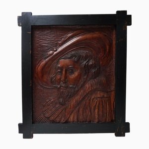 Hand Carved Wooden Bas-Relief Portrait of Peter Paul Rubens, 1950s