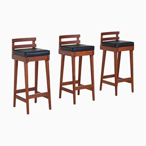 Sgabelli da bar vintage in teak e pelle di Erik Buck per Dyrlund, 1960, set di 3