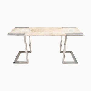 Large Chrome-Plated Metal and Travertine Console Table, Italy, 1970s