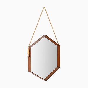 Mid-Century Hexagonal Mirror in Teak and Leather attributed to Campo & Graffi, Italy, 1960s