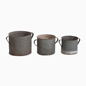 Antique Galvanized Metal Buckets, 1920, Set of 3