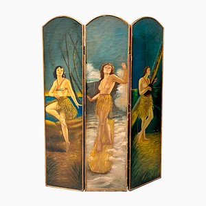 Vintage Screen with Painted Polynesian Women, France, 1930s