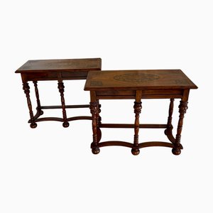 ictorian Burr Walnut Marquetry Inlaid Console Tables, 1880s, Set of 2