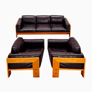 Divano e Poltrone Mod. Bastiano in legno di quercia e pelle nera di Afra & Tobia Scarpa per Gavina, anni '60, set di 3