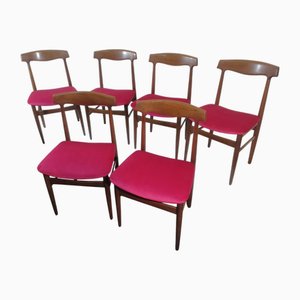 Italian Wood and Velvet Chairs, 1950s, Set of 6