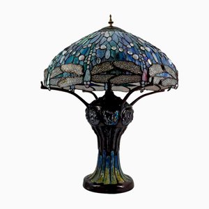 Art Nouveau Salon Lamp in Patinated Bronze and Stained Glass in the style of Tiffany Studios, 1980s