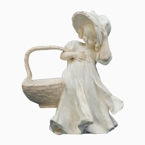 Art Nouveau Ceramic Figurine of Little Girl with Hat and Large Basket by Lefont for Goldscheider, Vienna, Austria, Late 1800s