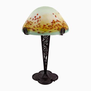 Mushroom Lampe mit Lampenschirm aus Schmiedeeisen & mundgeblasenem Glas, Frankreich, 1920er