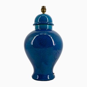 Cracked Blue Enamel Ceramic Lamp in the style of Pol Chambost, France, 1950s