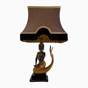 Lampada scultorea Suvannamaccha della principessa sirena in bronzo con doppio paralume verde e patina dorata, Thailandia, anni '50