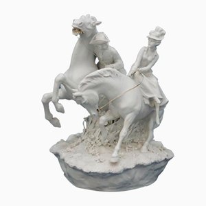 XX century, Rococo, Sculptural of Lady and Gentleman on Horseback in Biscuit Porcelain by Luigi Fabris, early decades of the 1900s, Venice - Italy.
