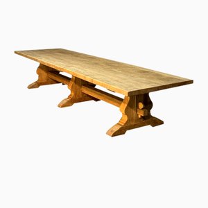 Mesa de comedor de granja grande de roble blanqueado de 4 metros, 1925