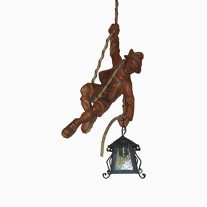 Vintage Carved Wooden Pendant Lamp Mountain Climber & Lantern in Black Forest Style, 1960s