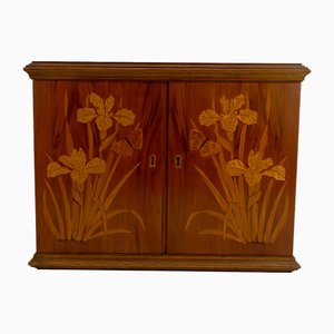 Art Nouveau Wall Cabinet in Marquetry with Iris and Butterfly Motifs, 1890s