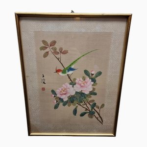 Pintura china vintage de pájaro sobre seda, mediados del siglo XX